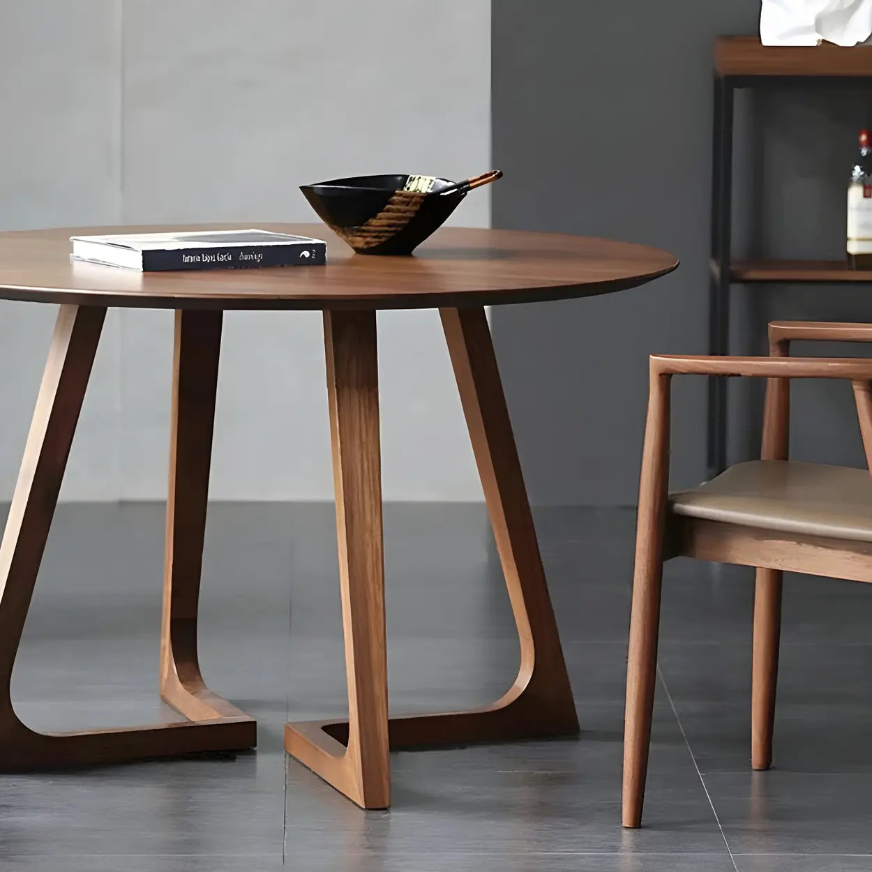 Round Wooden Dining Table Interlock Base Solid Wood Walnut Or Natural 35 Inch Modern Small Space | Lumfield